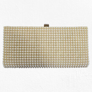 Vintage 60s JR USA Pearl Beaded Evening Clutch Gold Frame Bridal Cocktail Bag